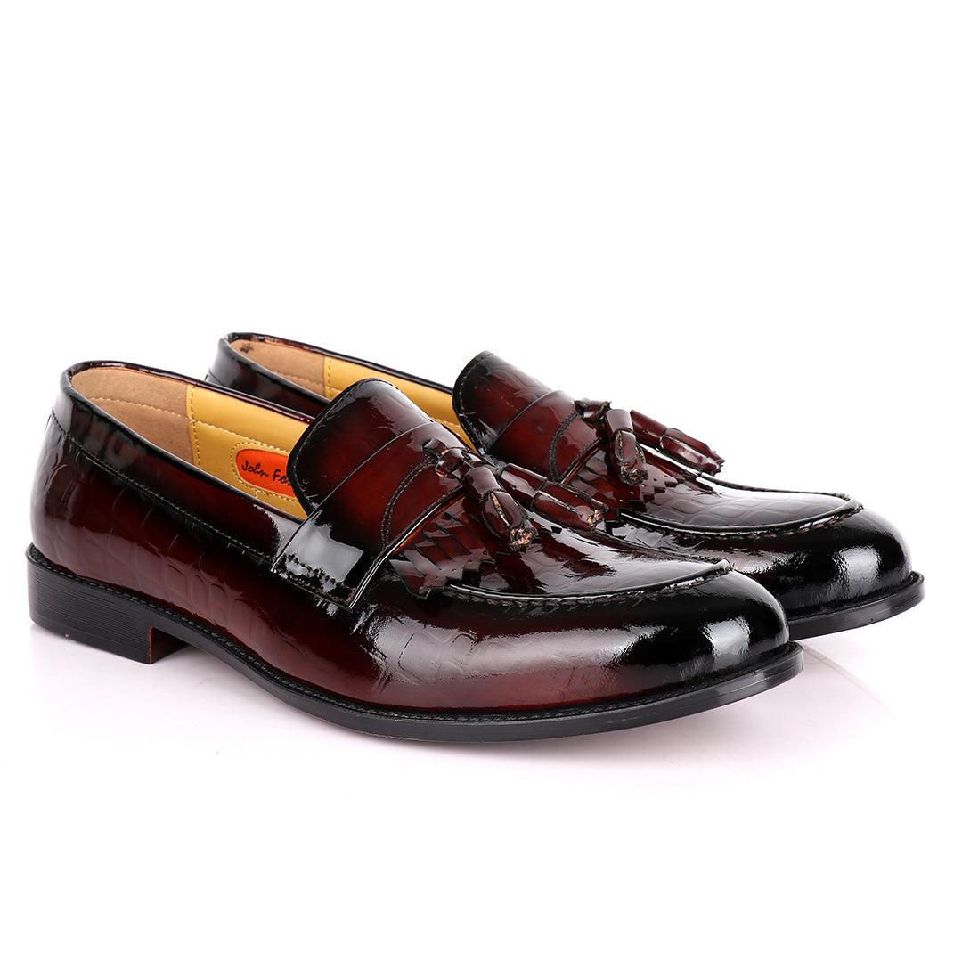 John Foster Crocodile Design Wetlips Leather Fringe And Tassel Shoe-Coffee - Obeezi.com