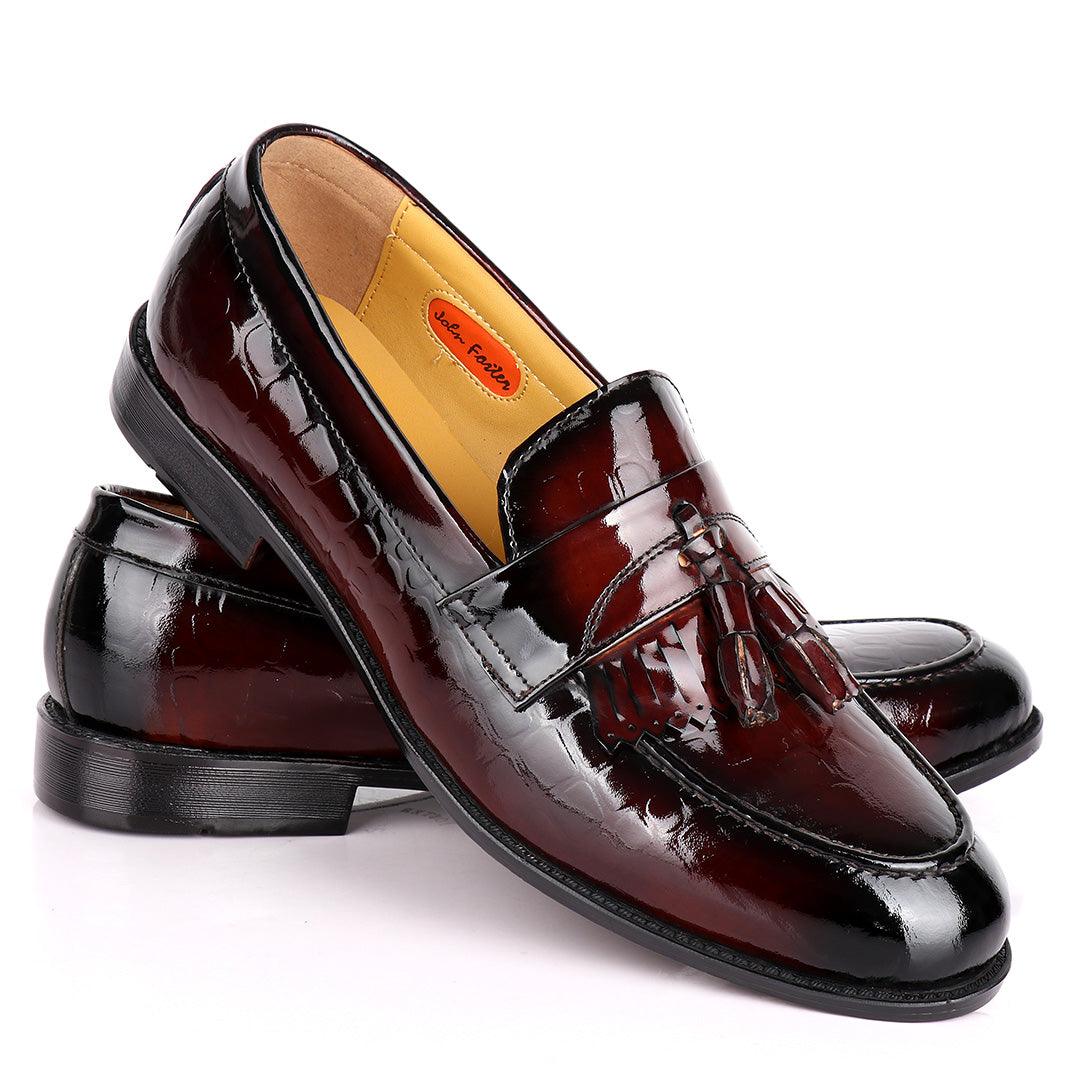 John Foster Crocodile Design Wetlips Leather Fringe And Tassel Shoe-Coffee - Obeezi.com