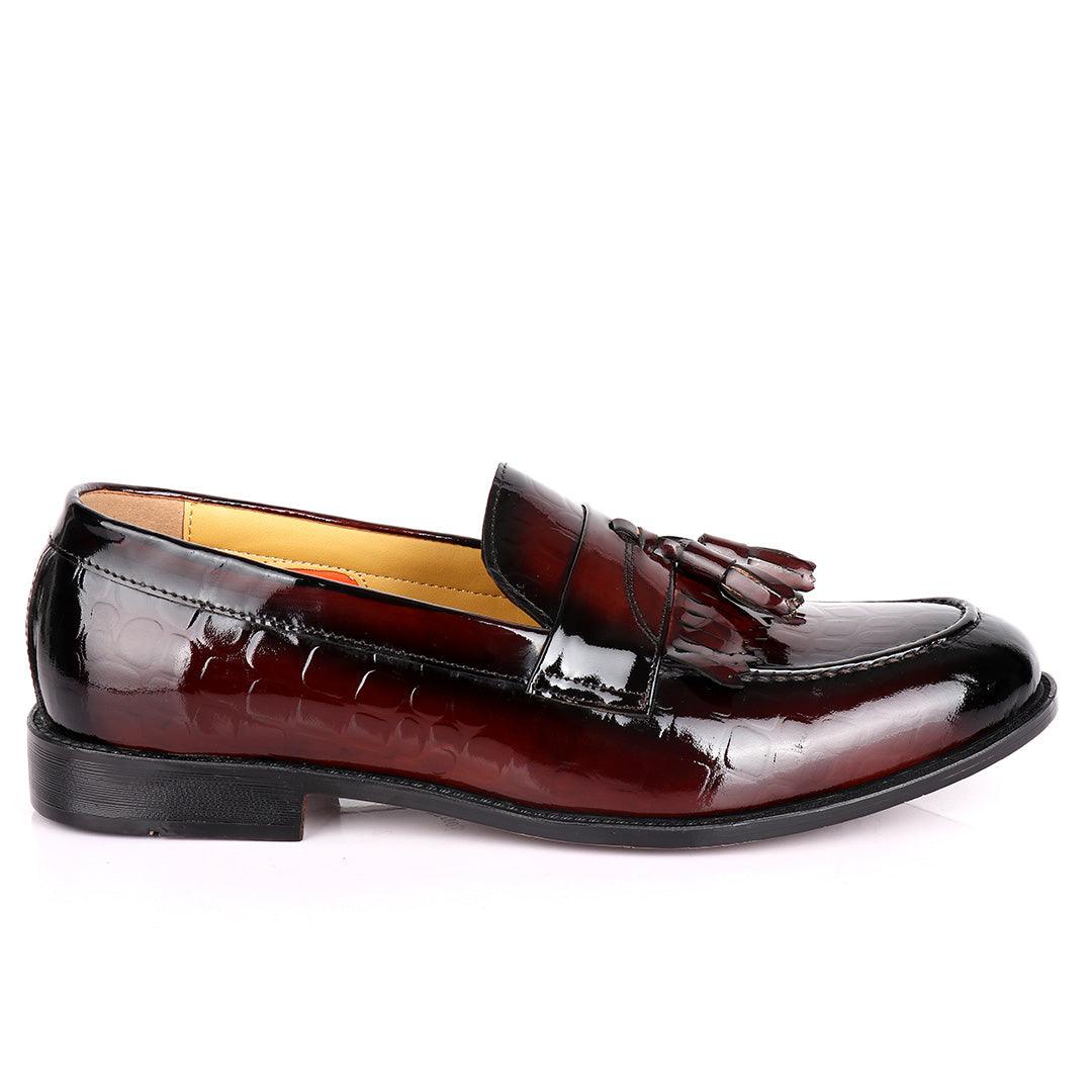 John Foster Crocodile Design Wetlips Leather Fringe And Tassel Shoe-Coffee - Obeezi.com