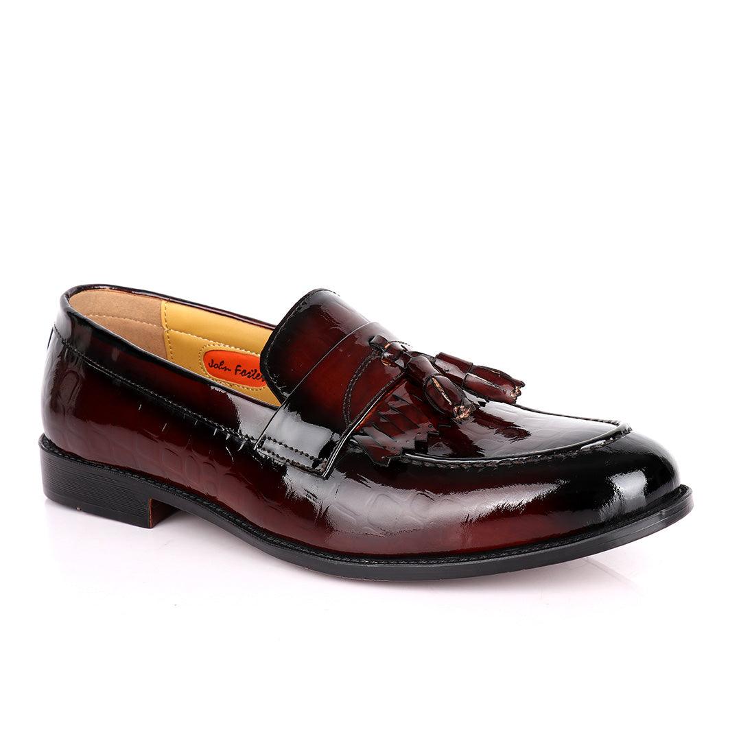 John Foster Crocodile Design Wetlips Leather Fringe And Tassel Shoe-Coffee - Obeezi.com
