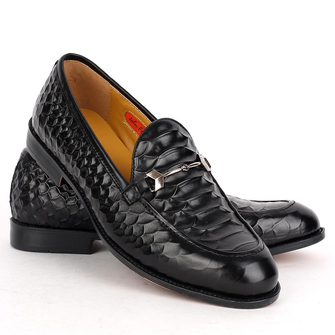John Foster Crocodile Leather Designed Front Chain Men's Shoes -Black - Obeezi.com