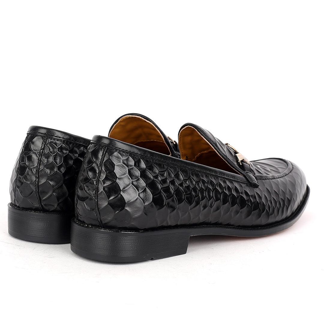 John Foster Crocodile Leather Designed Front Chain Men's Shoes -Black - Obeezi.com