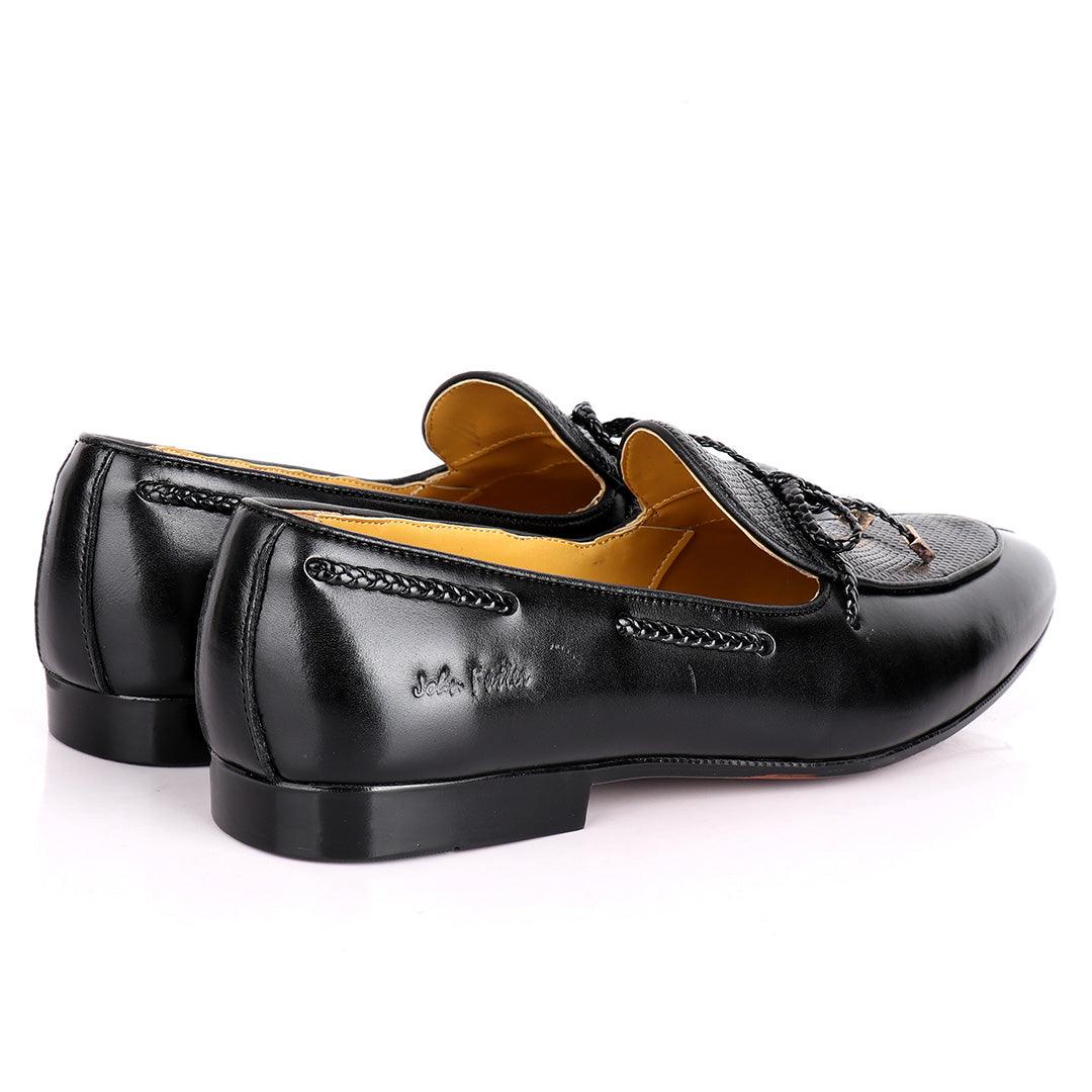 John Foster Custom Made Men's Leather Shoe With Woven Knotted Tassel- Black - Obeezi.com