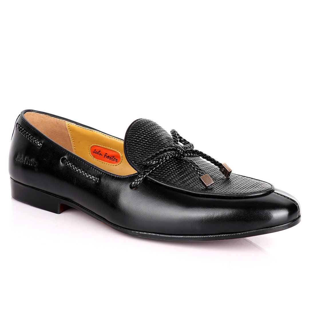 John Foster Custom Made Men's Leather Shoe With Woven Knotted Tassel- Black - Obeezi.com