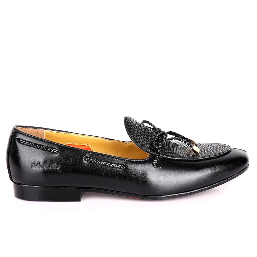 John Foster Custom Made Men's Leather Shoe With Woven Knotted Tassel- Black - Obeezi.com