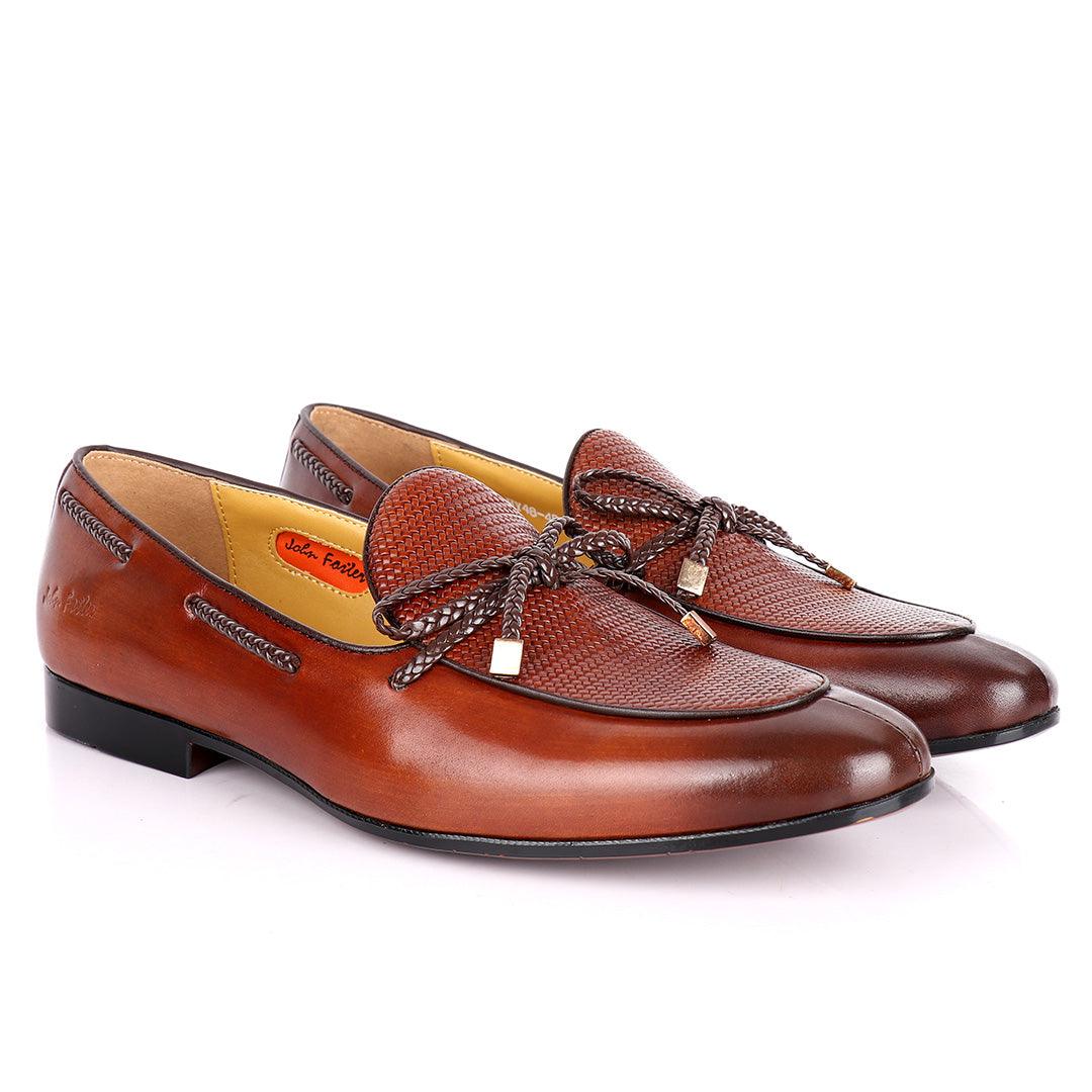 John Foster Custom Made Men's Leather Shoe With Woven Knotted Tassel- Brown - Obeezi.com