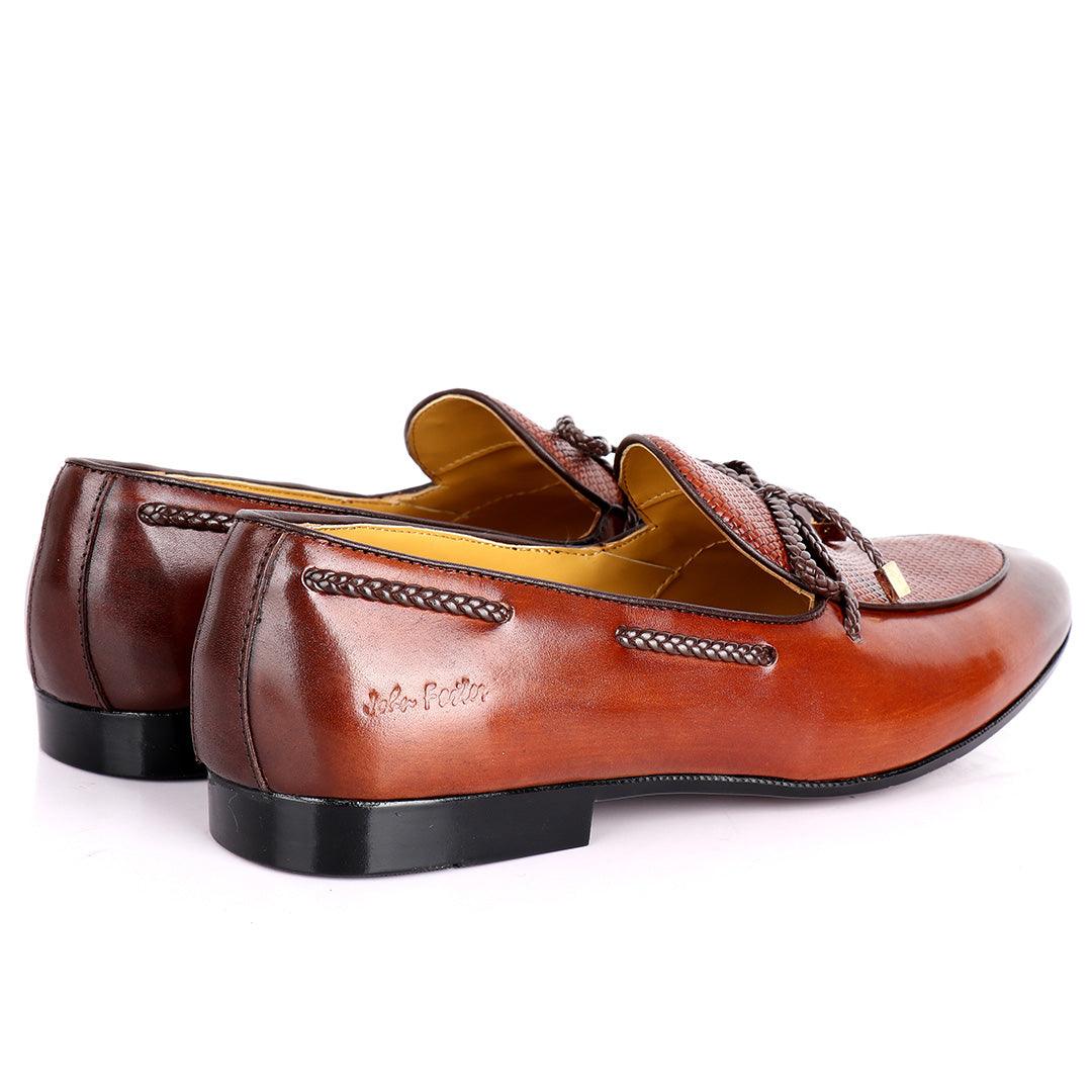 John Foster Custom Made Men's Leather Shoe With Woven Knotted Tassel- Brown - Obeezi.com