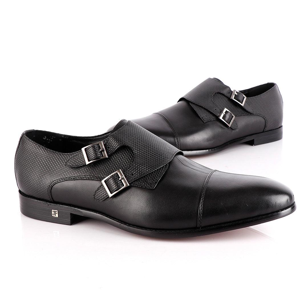 John Foster Double Croc Monk-Strap Black Leather Shoe - Obeezi