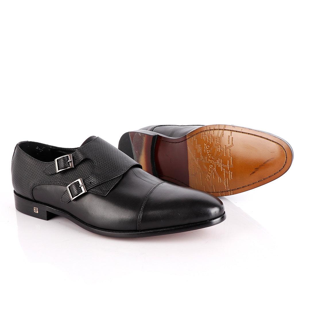 John Foster Double Croc Monk-Strap Black Leather Shoe - Obeezi