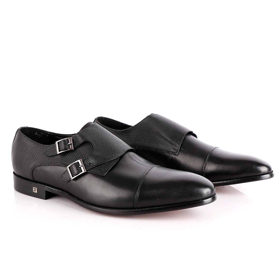 John Foster Double Croc Monk-Strap Black Leather Shoe - Obeezi