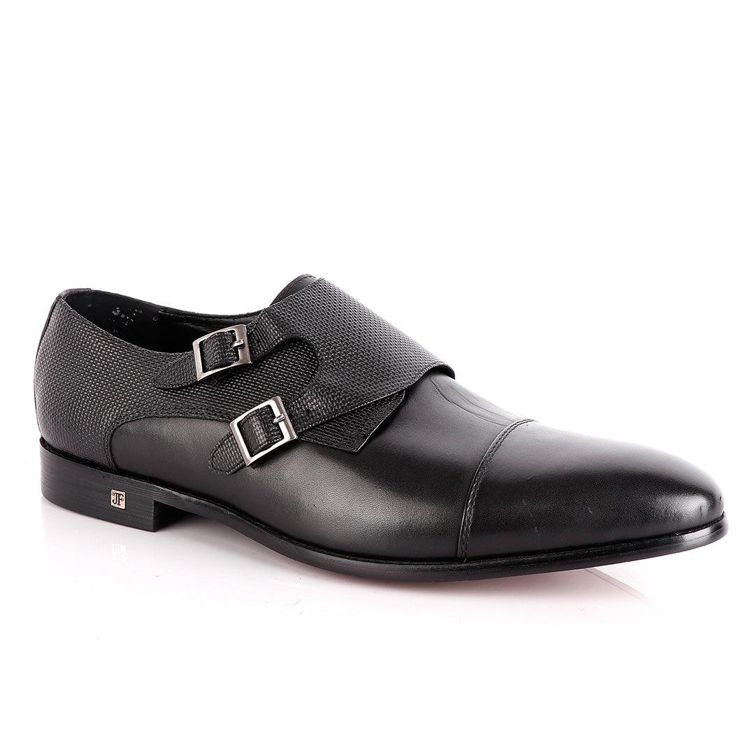 John Foster Double Croc Monk-Strap Black Leather Shoe - Obeezi