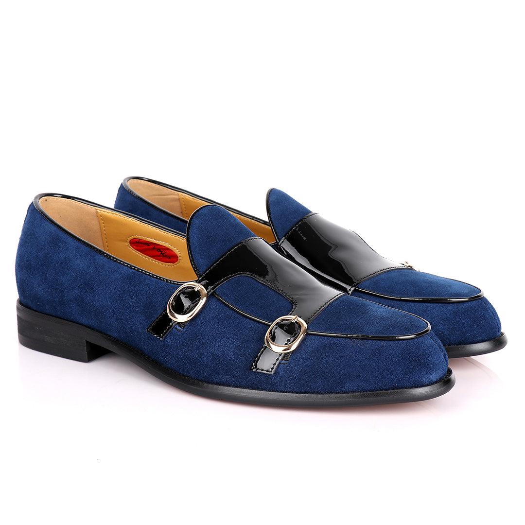 John Foster Double Monk Blue Suede And Black Wetlips Strap Shoe - Obeezi.com