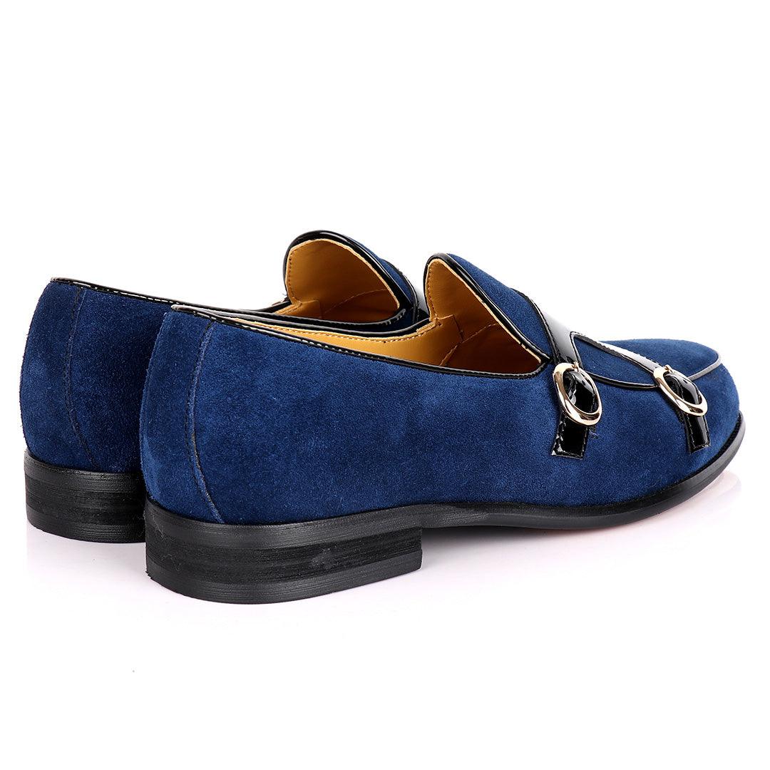 John Foster Double Monk Blue Suede And Black Wetlips Strap Shoe - Obeezi.com