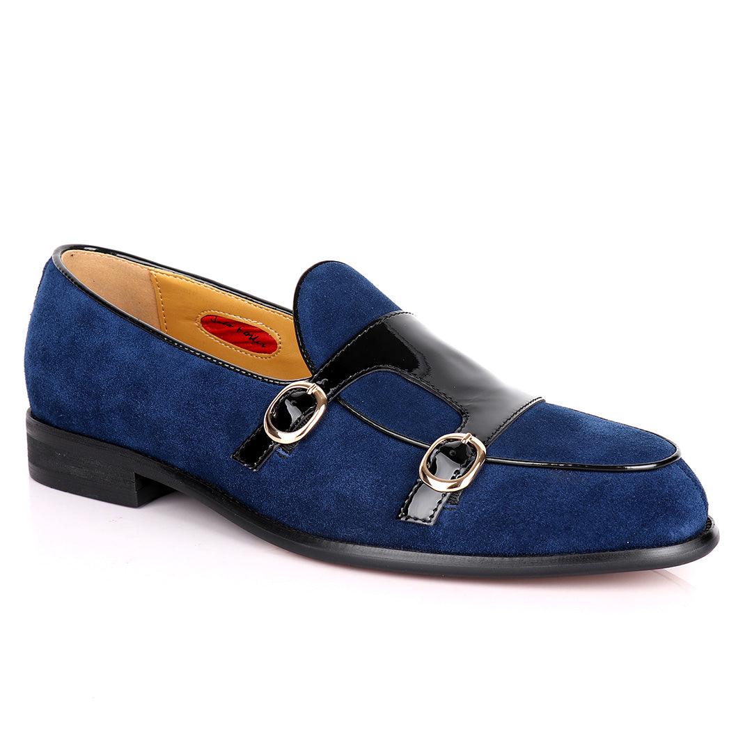 John Foster Double Monk Blue Suede And Black Wetlips Strap Shoe - Obeezi.com