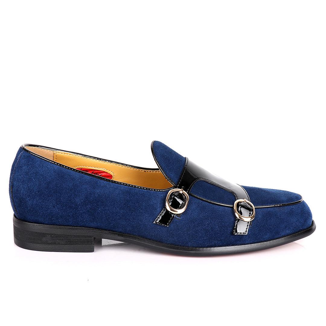 John Foster Double Monk Blue Suede And Black Wetlips Strap Shoe - Obeezi.com