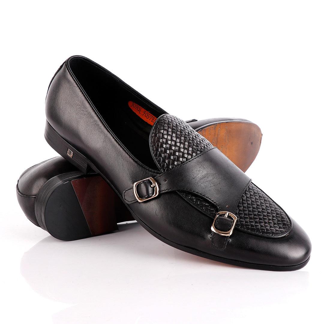 John Foster Double Monk-Strap Black Leather Shoe - Obeezi