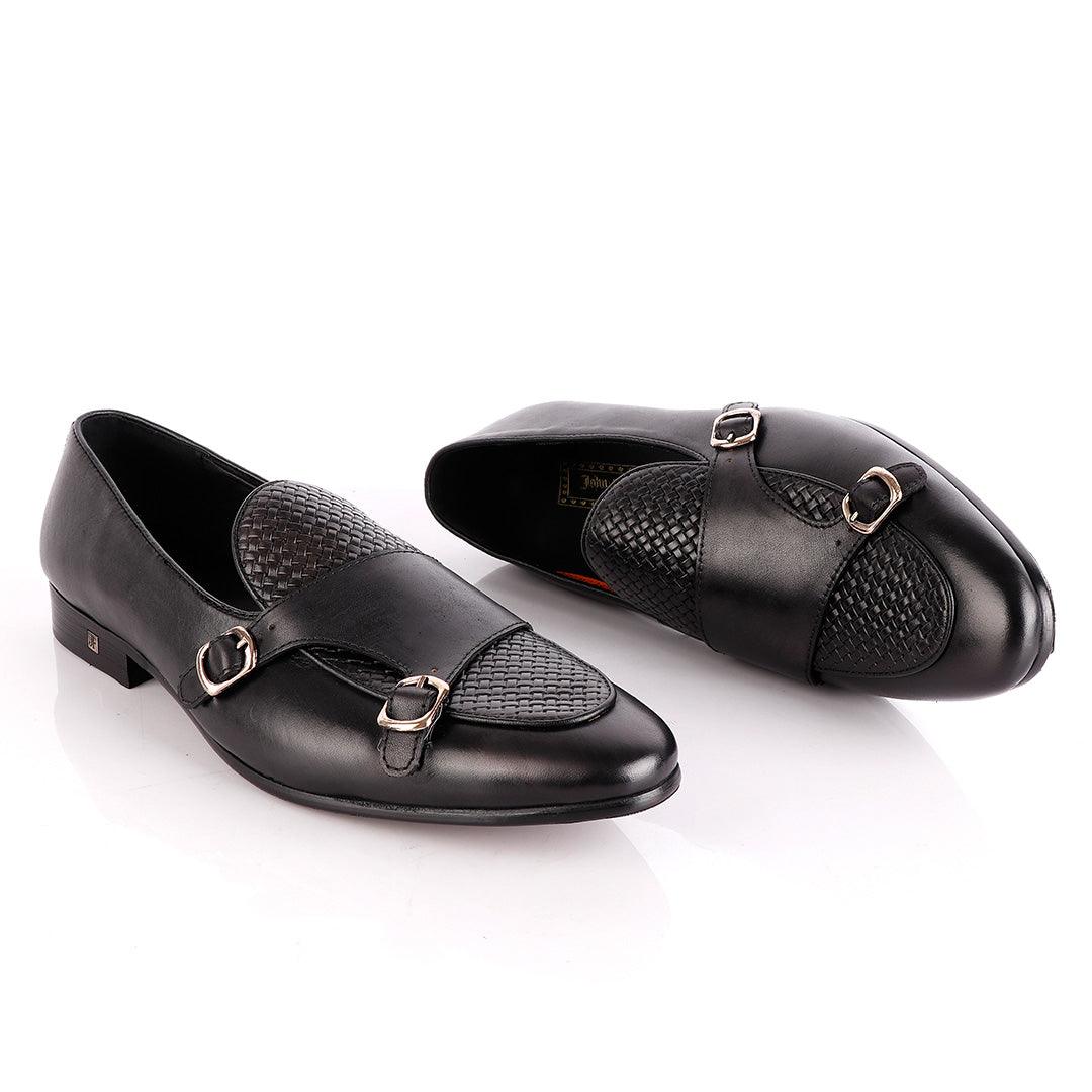 John Foster Double Monk-Strap Black Leather Shoe - Obeezi