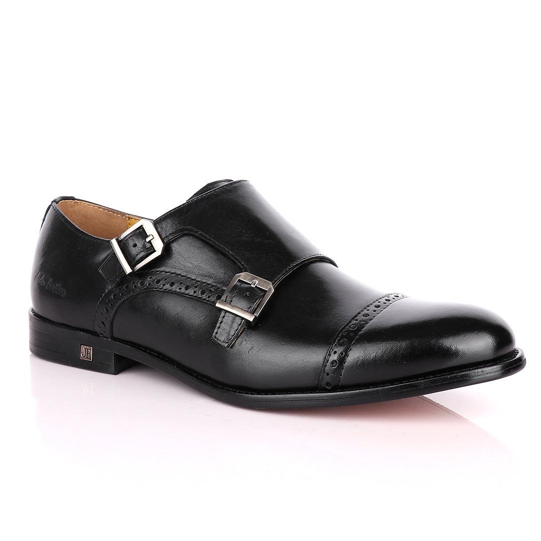 John Foster Double Monk Strap Black Leather Shoe - Obeezi