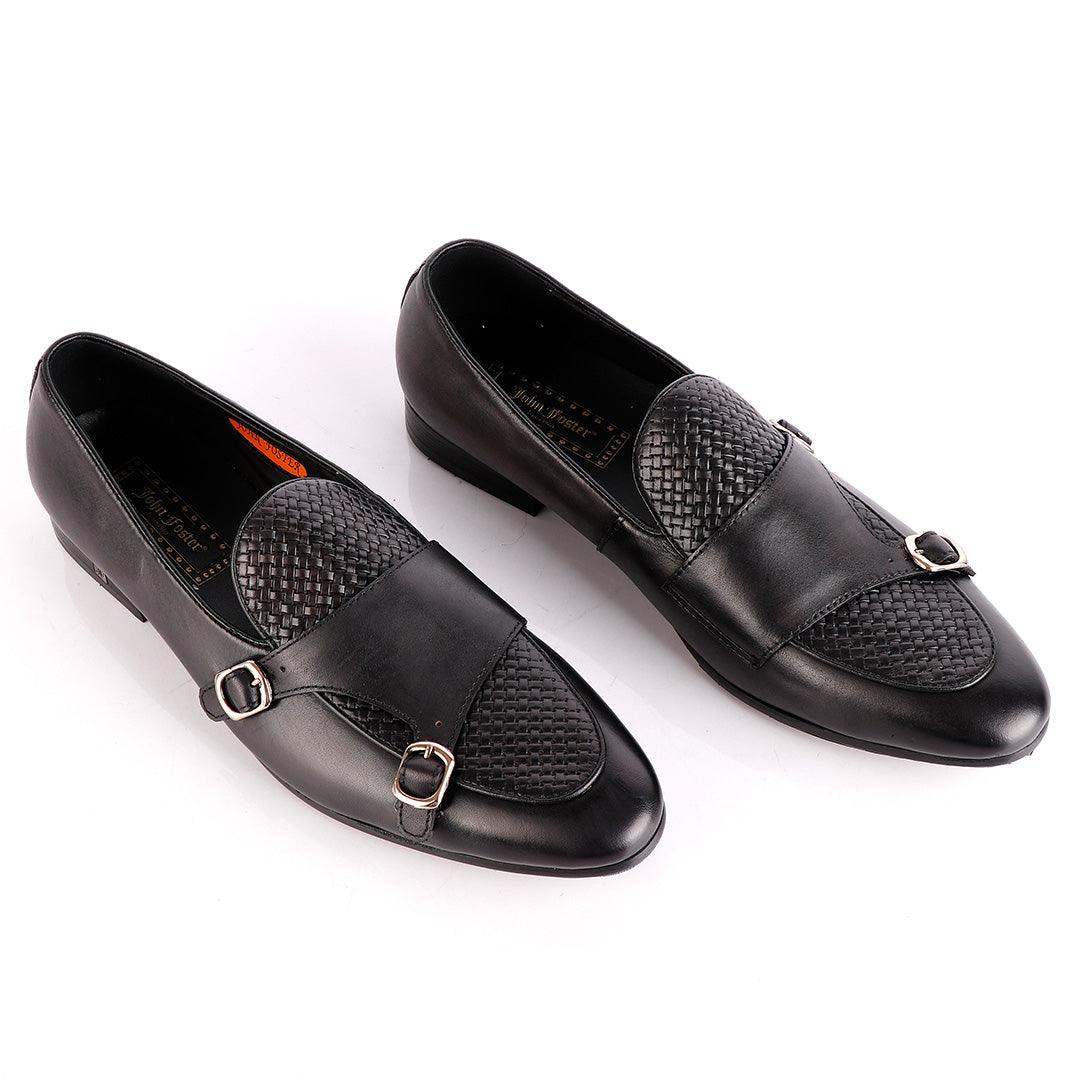 John Foster Double Monk-Strap Black Leather Shoe - Obeezi