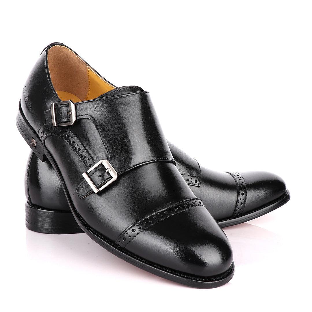 John Foster Double Monk Strap Black Leather Shoe - Obeezi