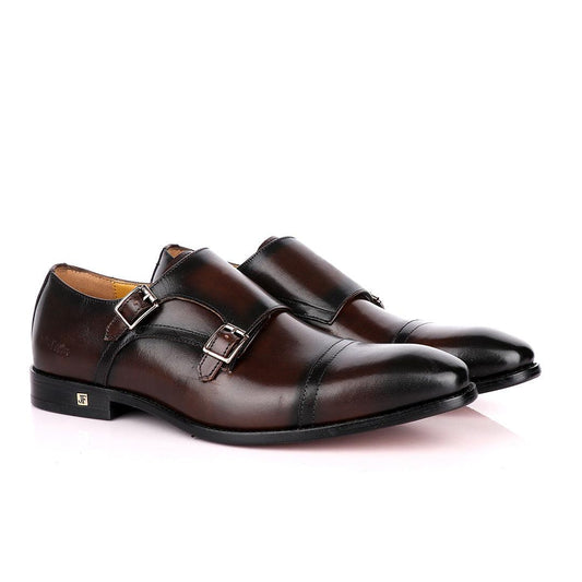John Foster Double Monk Strap Coffee With Black Touch Leather Shoe - Obeezi