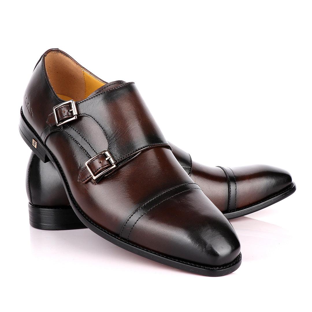 John Foster Double Monk Strap Coffee With Black Touch Leather Shoe - Obeezi