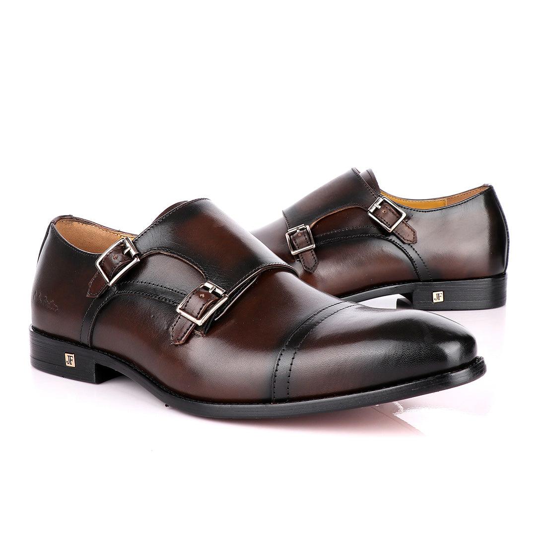John Foster Double Monk Strap Coffee With Black Touch Leather Shoe - Obeezi
