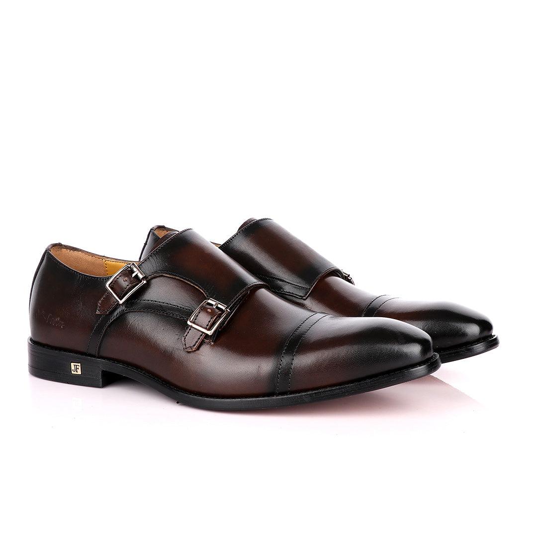 John Foster Double Monk Strap Coffee With Black Touch Leather Shoe - Obeezi