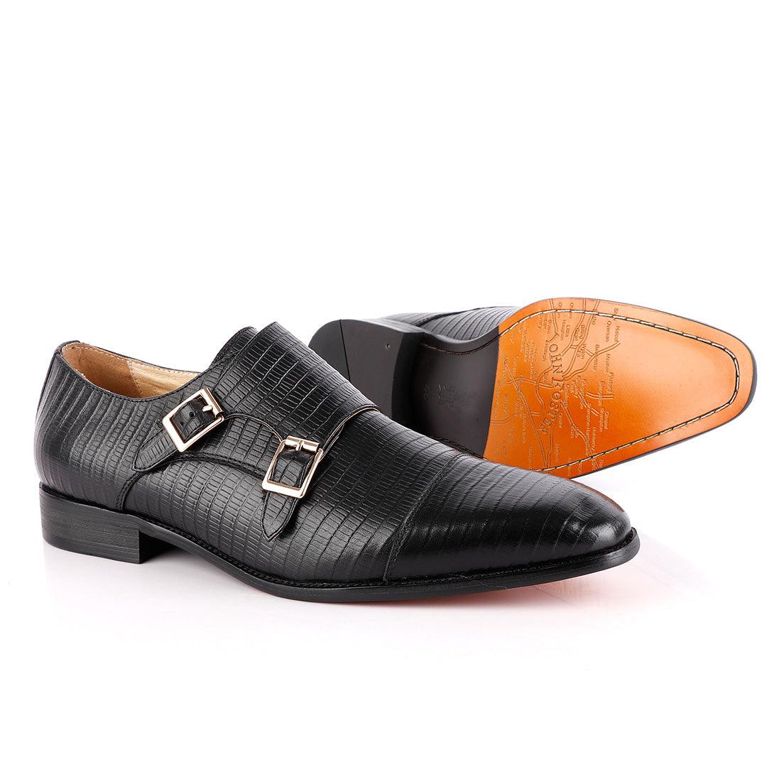 John Foster Double Monk-Strap Croc Black Leather Shoe - Obeezi