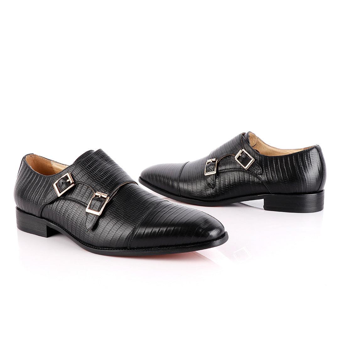 John Foster Double Monk-Strap Croc Black Leather Shoe - Obeezi