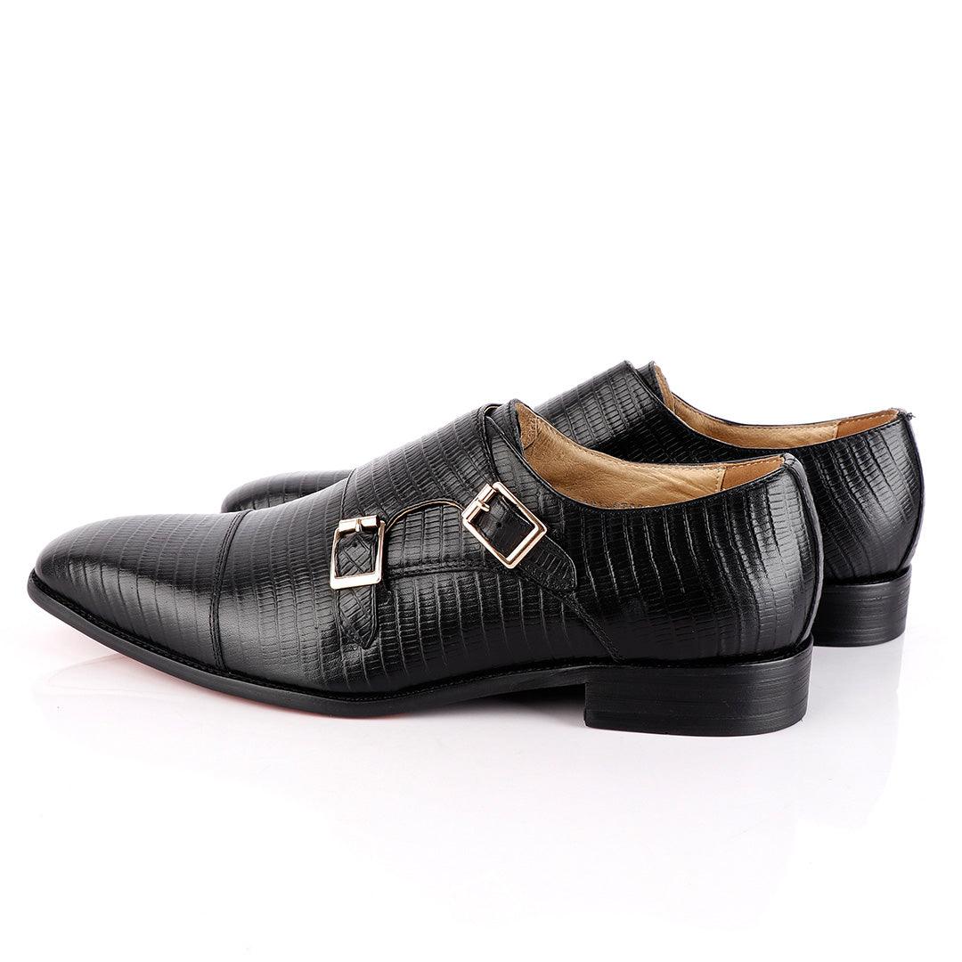 John Foster Double Monk-Strap Croc Black Leather Shoe - Obeezi