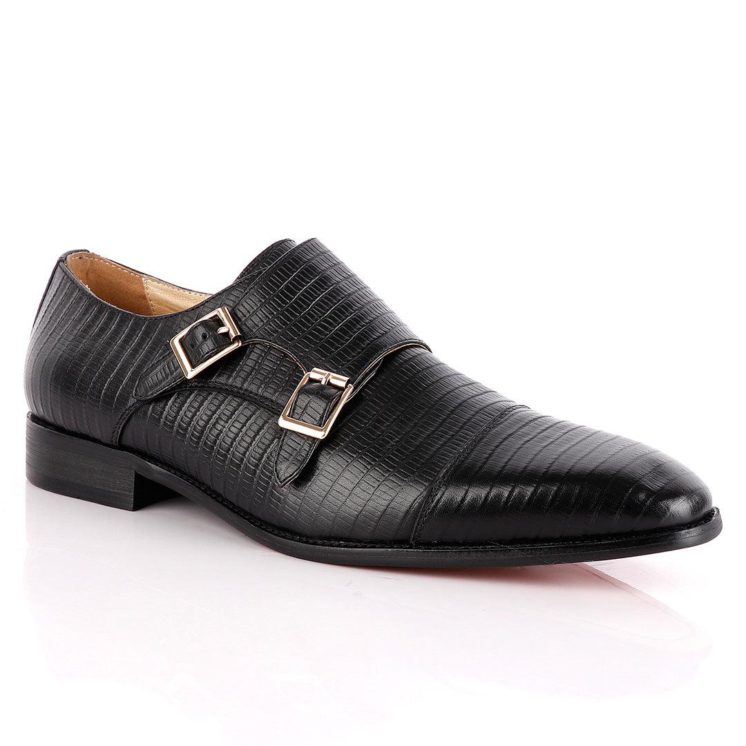 John Foster Double Monk-Strap Croc Black Leather Shoe - Obeezi