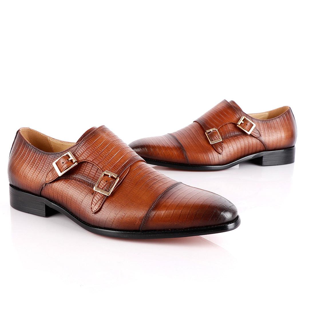 John Foster Double Monk-Strap Croc Brown Leather Shoe - Obeezi