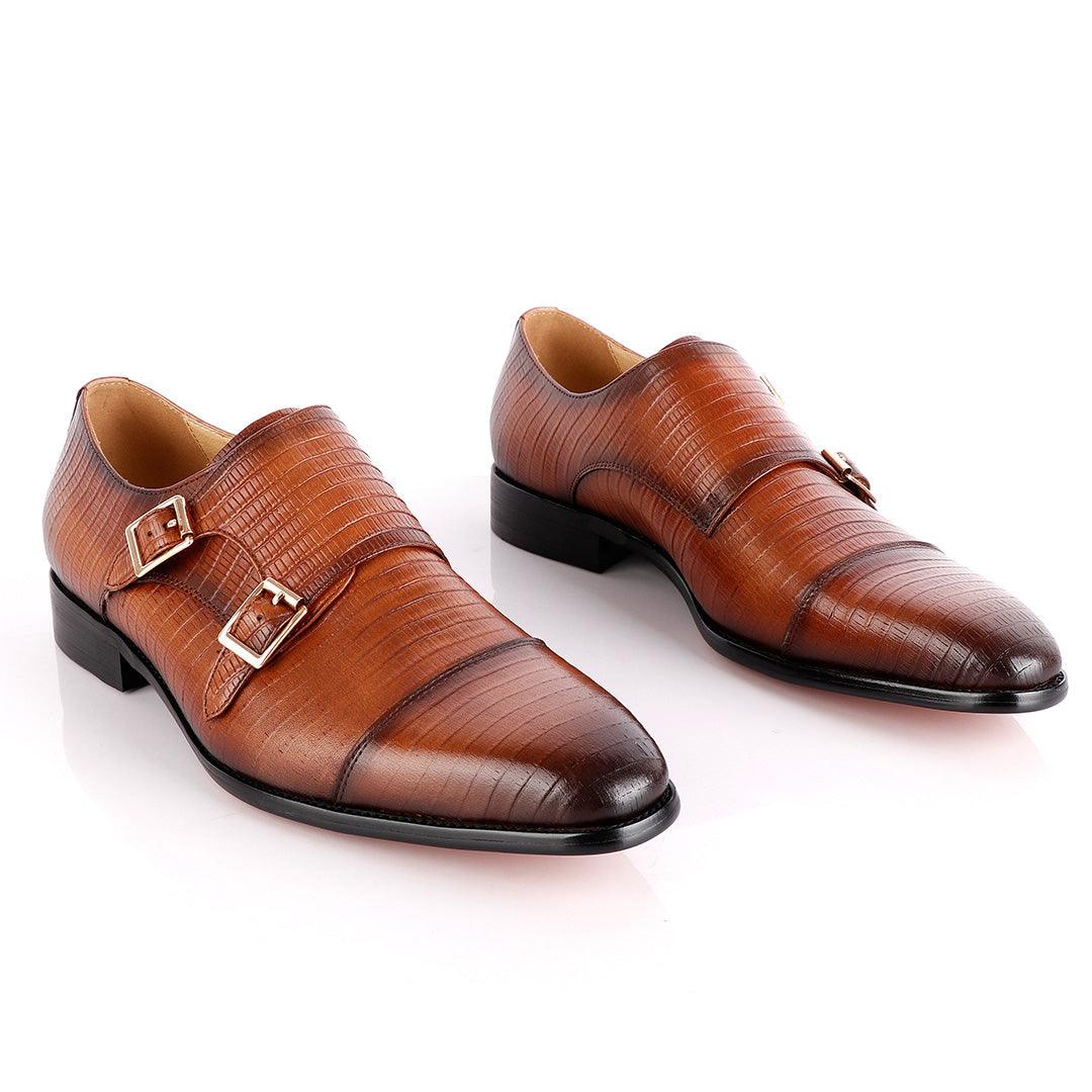 John Foster Double Monk-Strap Croc Brown Leather Shoe - Obeezi