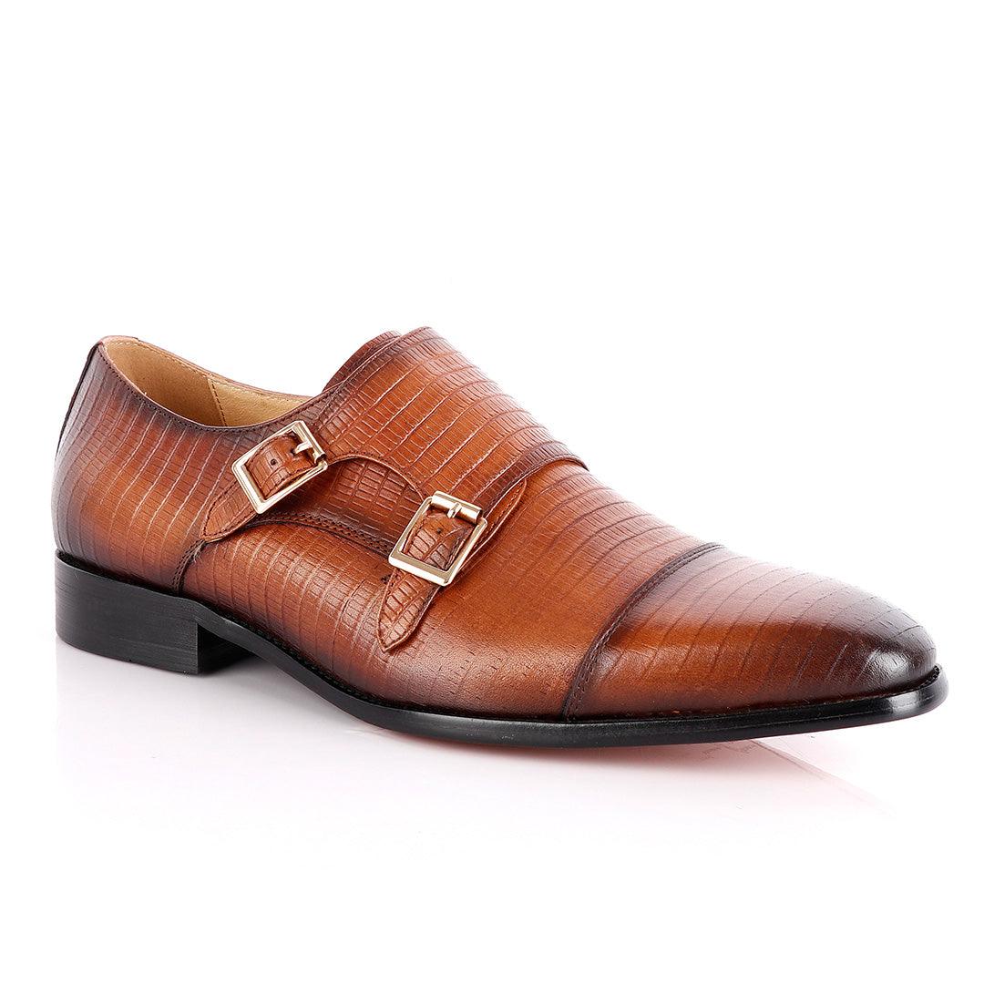 John Foster Double Monk-Strap Croc Brown Leather Shoe - Obeezi