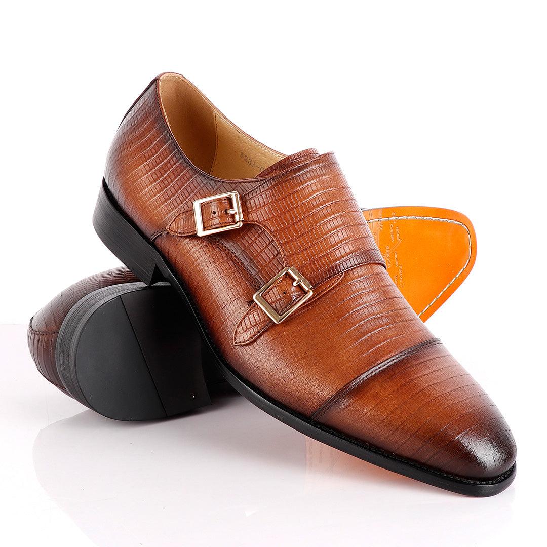 John Foster Double Monk-Strap Croc Brown Leather Shoe - Obeezi