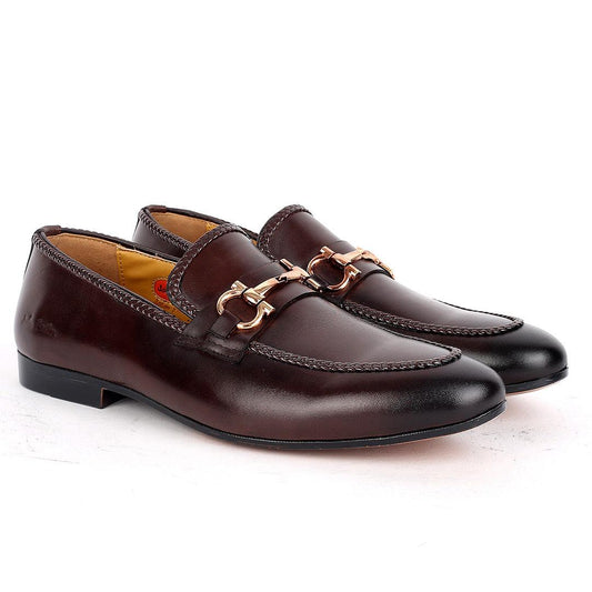 John Foster Elegant Black Textile Designed Leather Shoe-Coffee - Obeezi.com