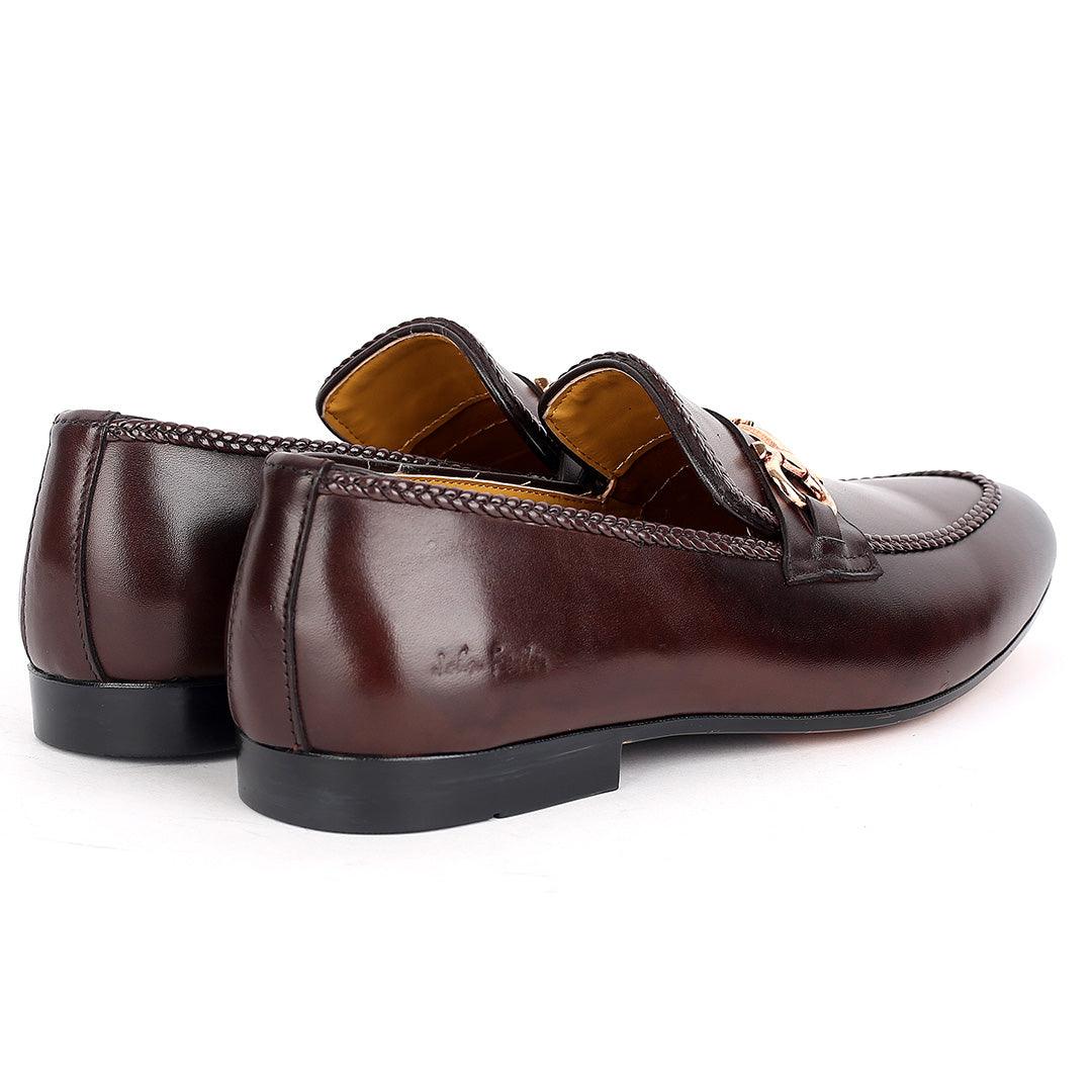John Foster Elegant Black Textile Designed Leather Shoe-Coffee - Obeezi.com