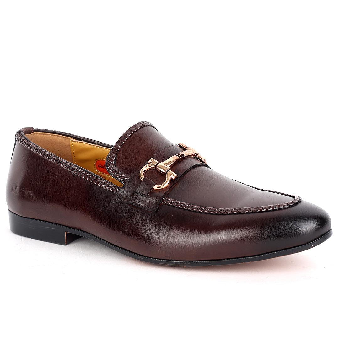 John Foster Elegant Black Textile Designed Leather Shoe-Coffee - Obeezi.com
