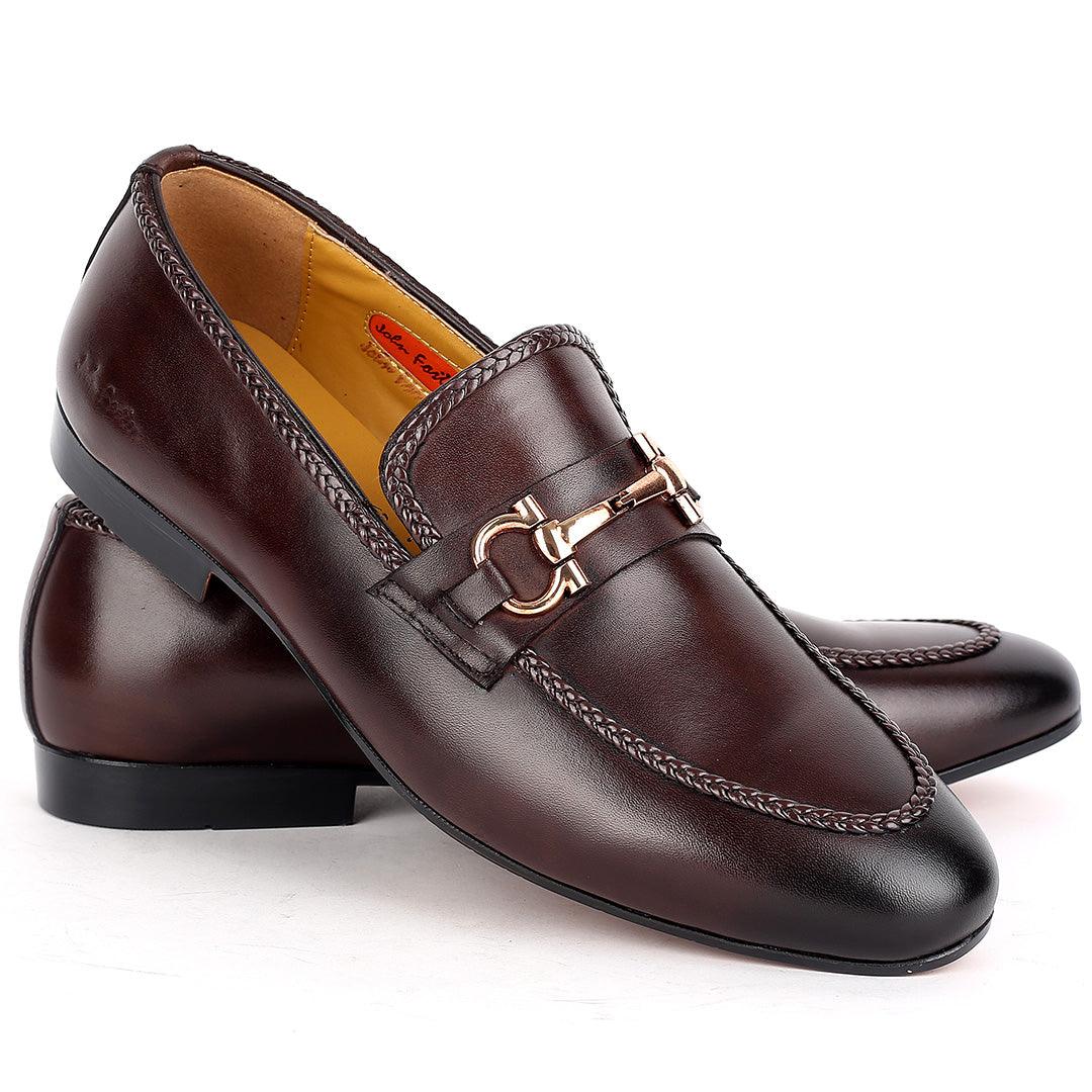 John Foster Elegant Black Textile Designed Leather Shoe-Coffee - Obeezi.com