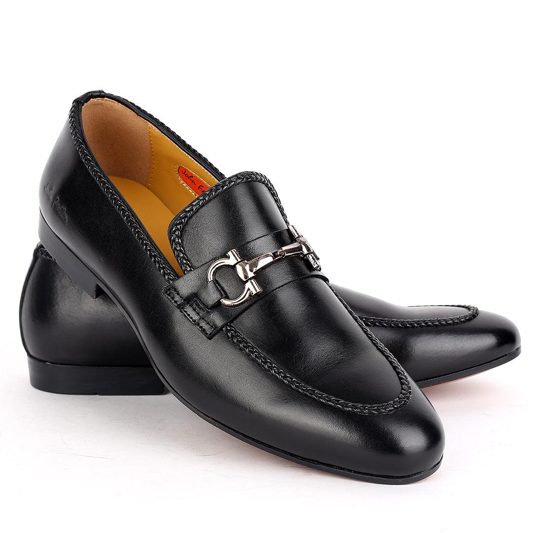 John Foster Elegant Black Textile Designed Leather Shoe - Obeezi.com