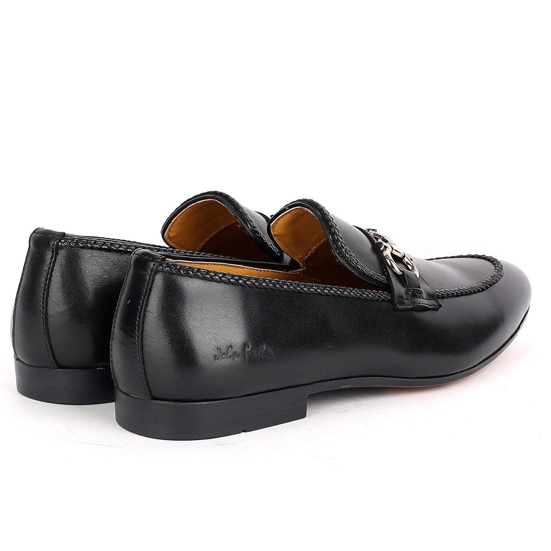 John Foster Elegant Black Textile Designed Leather Shoe - Obeezi.com