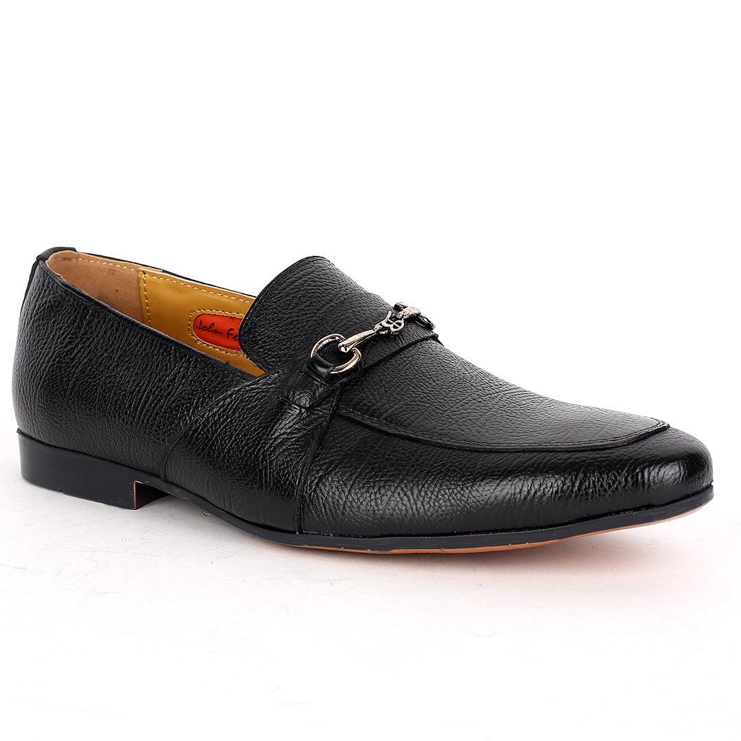 John Foster Exquisite Black Leather Patterned Designed Shoe With Gold Logo Design - Obeezi.com