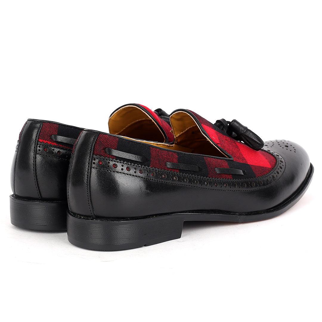 John Foster Exquisite Black Shoe With Perforated Design And Red Designed Surface - Obeezi.com