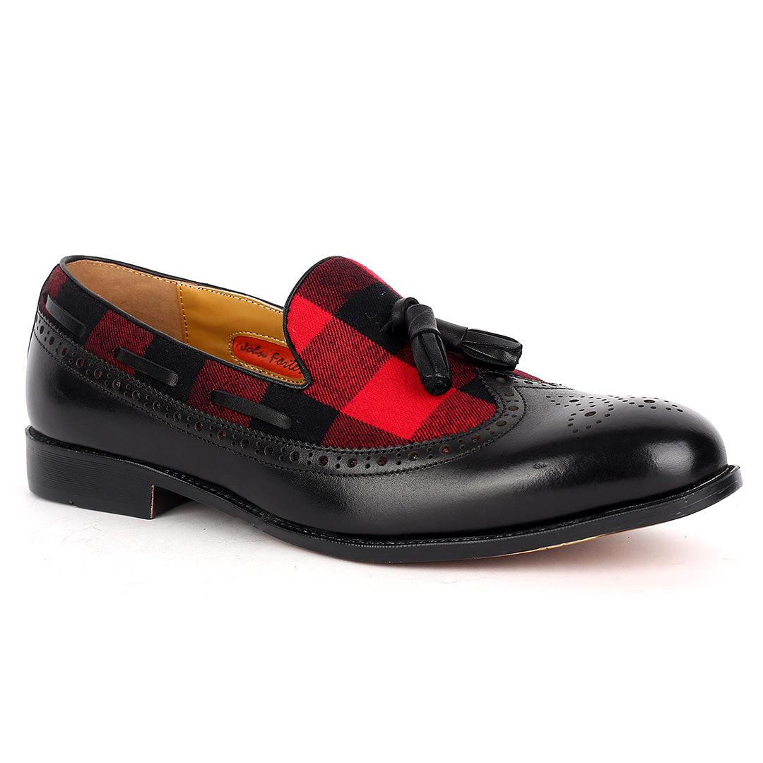 John Foster Exquisite Black Shoe With Perforated Design And Red Designed Surface - Obeezi.com