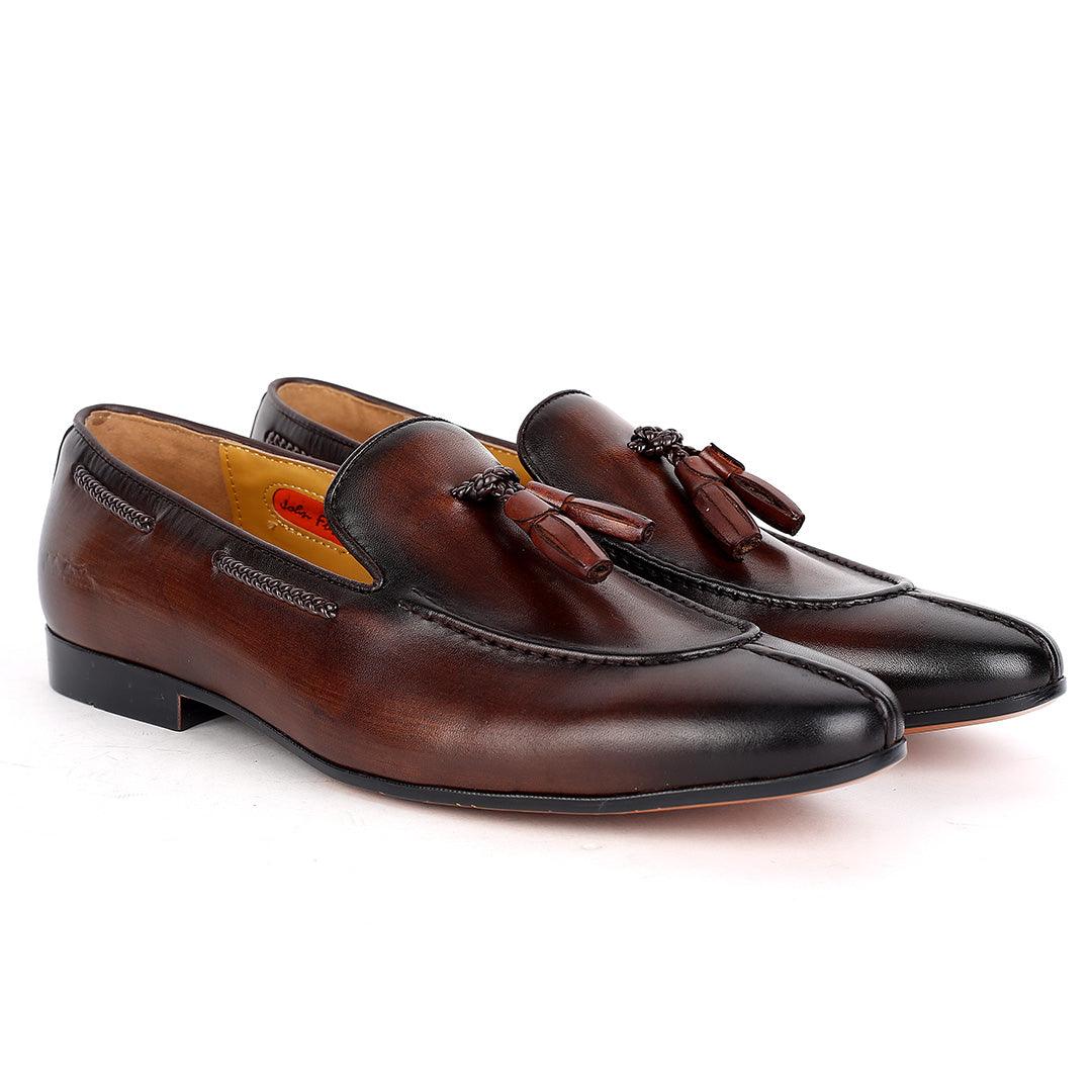 John Foster Exquisite Coffee Leather Textile Designed Shoe - Obeezi.com
