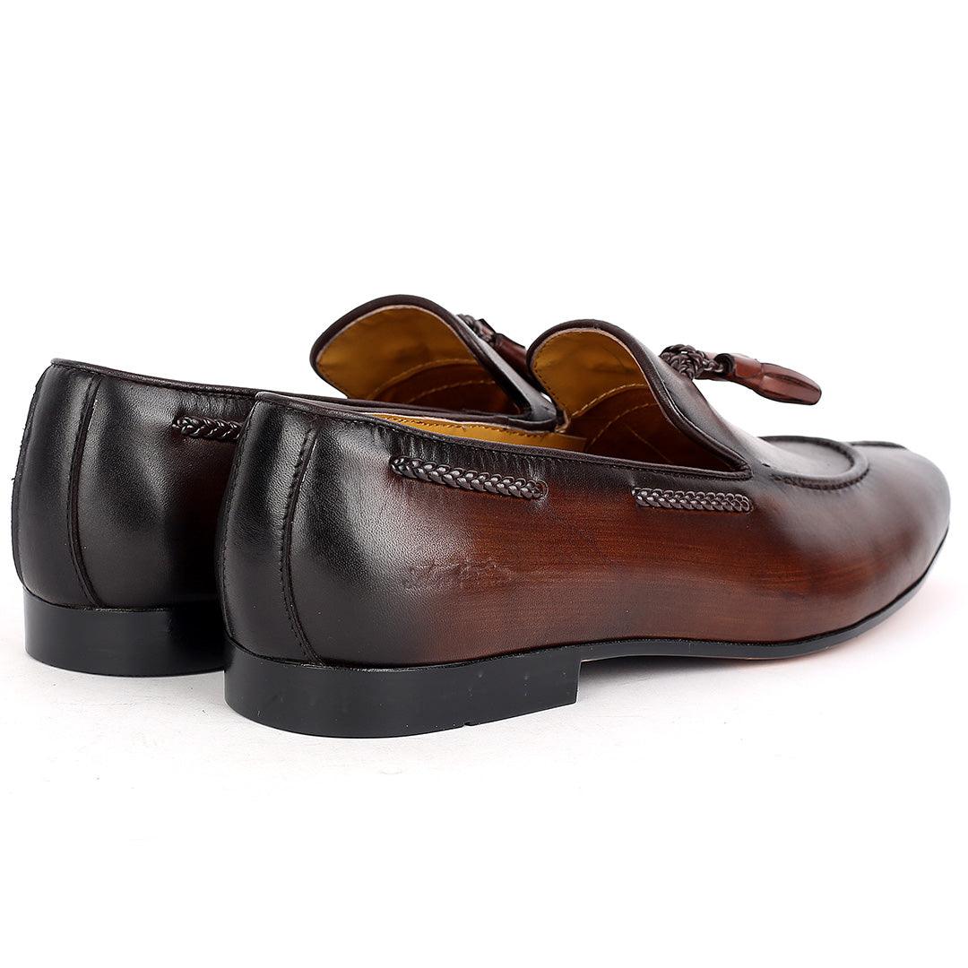 John Foster Exquisite Coffee Leather Textile Designed Shoe - Obeezi.com
