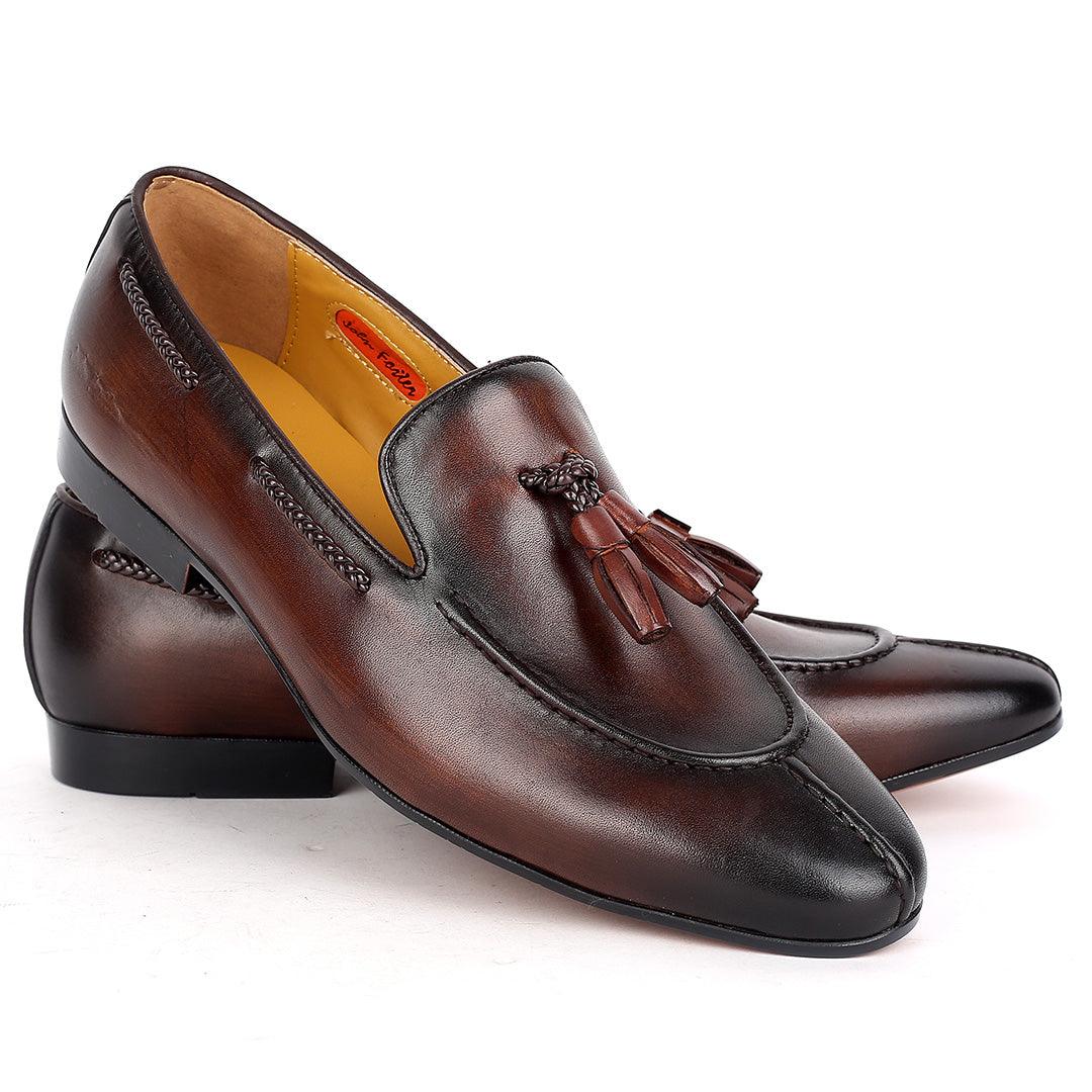 John Foster Exquisite Coffee Leather Textile Designed Shoe - Obeezi.com
