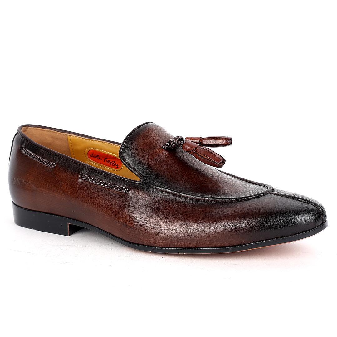 John Foster Exquisite Coffee Leather Textile Designed Shoe - Obeezi.com