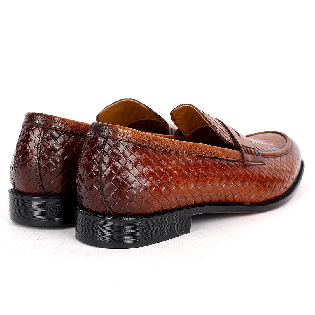 John Foster Exquisite Woven Leather Shoe with Belt Design-Brown - Obeezi.com